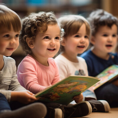 Kleine Kinder gucken interessiert B&uuml;cher. Sie haben Spa&szlig; dabei. 