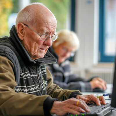 Ein &auml;lterer Mann sitzt vor einem Computer. Er tippt etwas. 