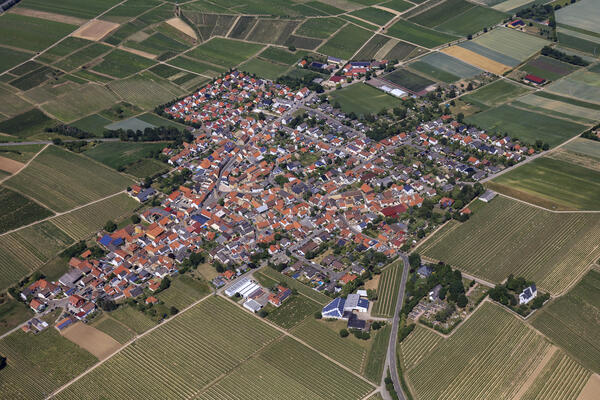 Das Bild zeigt die Ortsgemeinde Udenheim aus der Luft.