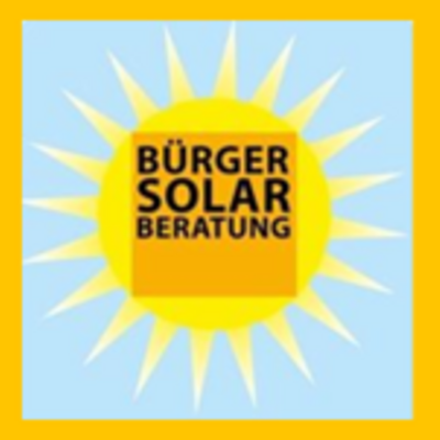 Das Bild zeigt das Logo der B&uuml;rgersolarberatung. Es ist eine Sonne auf blauem Hintergrund. In der Mitte steht B&uuml;rgersolarberatung.