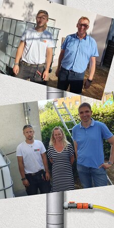 Bild vergr&ouml;&szlig;ern: Auf dem Bild stehen oben zwei M&auml;nner nebeneinander. Und stehen zwei M&auml;nner und eine Frau. Im Hintergrund ist ein Rohr zu sehen, mit dem Wasser f&uuml;r das Gie&szlig;en gesammelt wird.