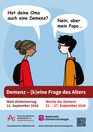 Bild vergr&ouml;&szlig;ern: Das Foto zeigt ein Plakat. Darauf unterhalten sich zwei Kinder dar&uuml;ber, wer in ihrer Familie Demenz hat. Es macht auf den Alzheimertag aufmerksam.