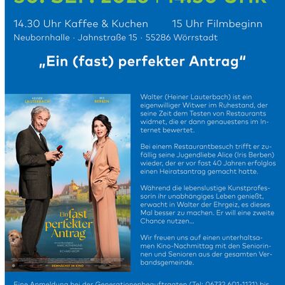 Das Bild zeigt das Plakat zum Seniorenkino. Es findet am 30. September statt. 